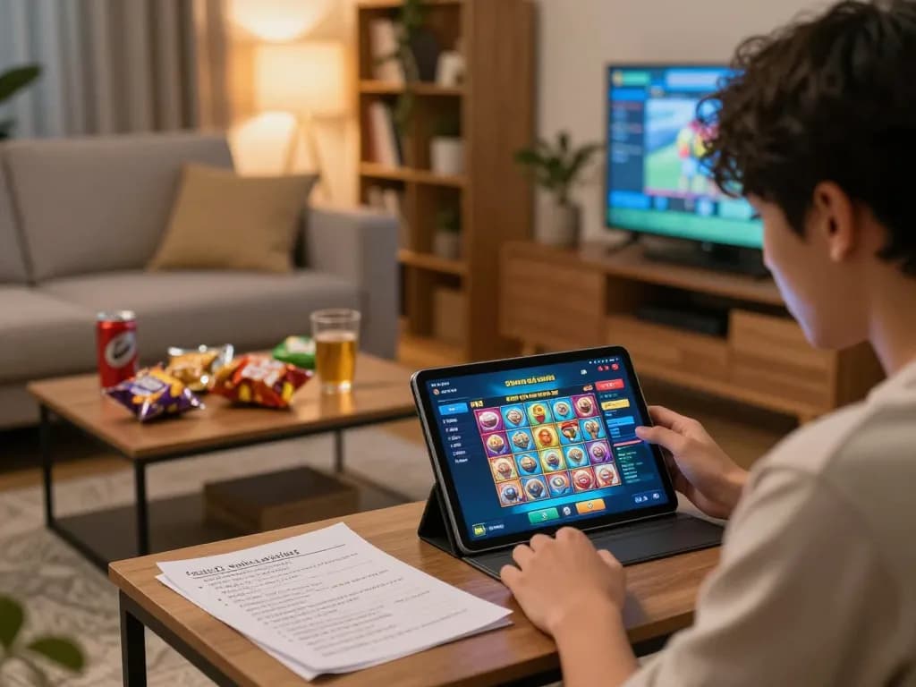 Engaging player focuses on สล็อตวอเลท app in a comfy home setting, exemplifying online gambling strategy.