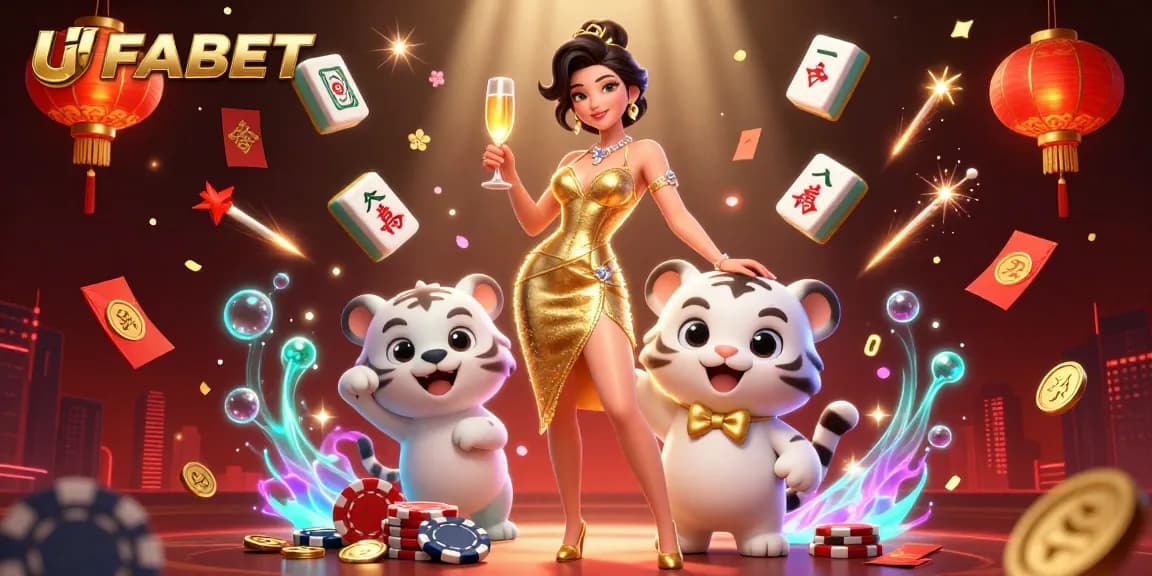 Win at UFABET with a glamorous golden cocktail party scene featuring lucky elements and vibrant decorations.