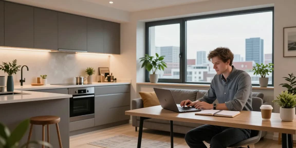 Moderne Monteurzimmer mieten in Hannover mit stilvollem Wohnraum und Arbeitsbereich.