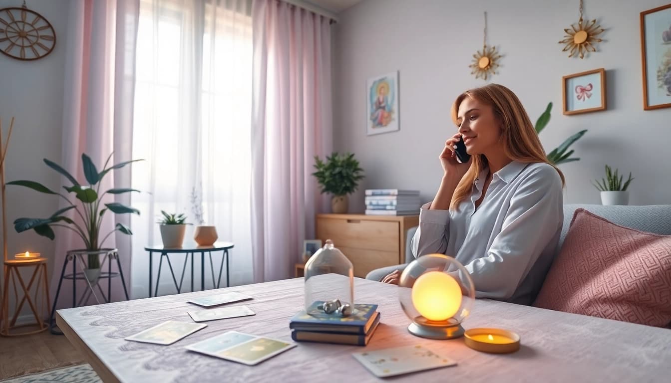 電話占い当たる: 落ち着いたオフィスでクライアントに電話で助けを提供する霊能者。温かさとプロフェッショナリズムを捉えています。