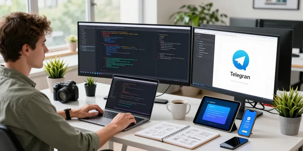 Developer coding on multiple screens, featuring 纸飞机官网 interface in a modern office.