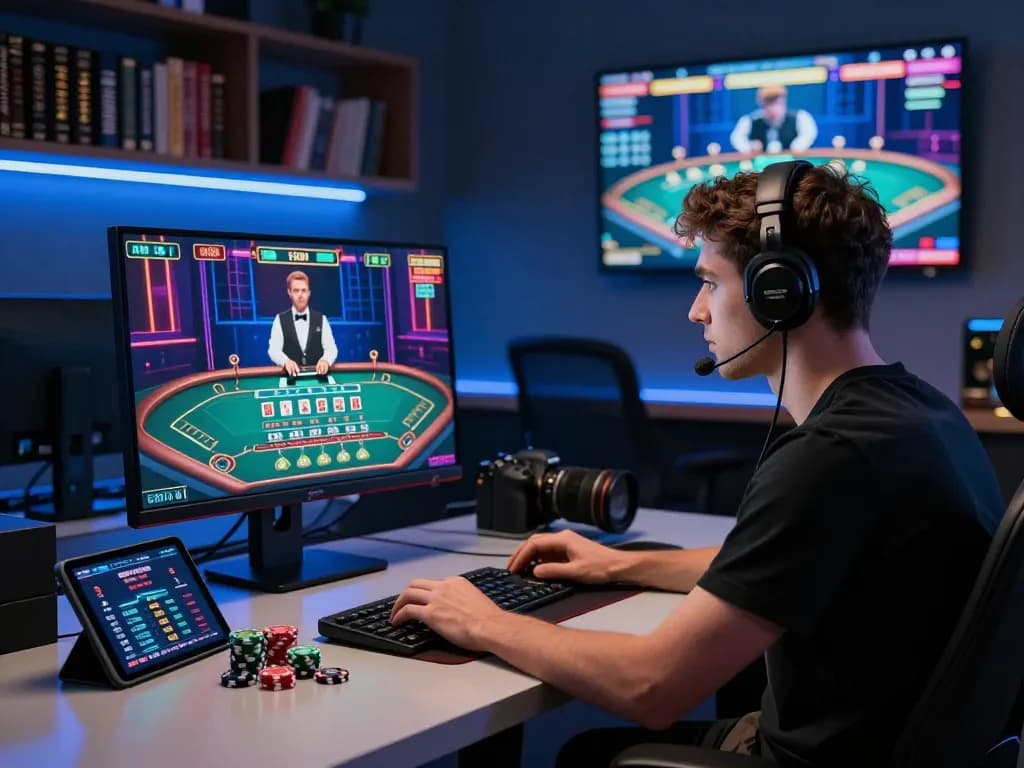 Player immersed in a baccarat site gaming experience, with live dealer action and casino accessories visible.