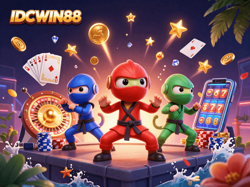Engage with IDCWIN88 as the ninja chameleons showcase thrilling casino action with golden rewards and vibrant elements.