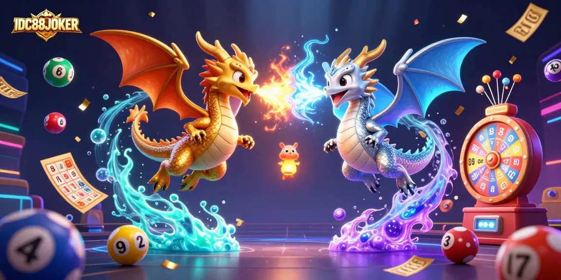 Engage with IDC88JOKER's gaming world featuring fiery dragons and dynamic lottery symbols.