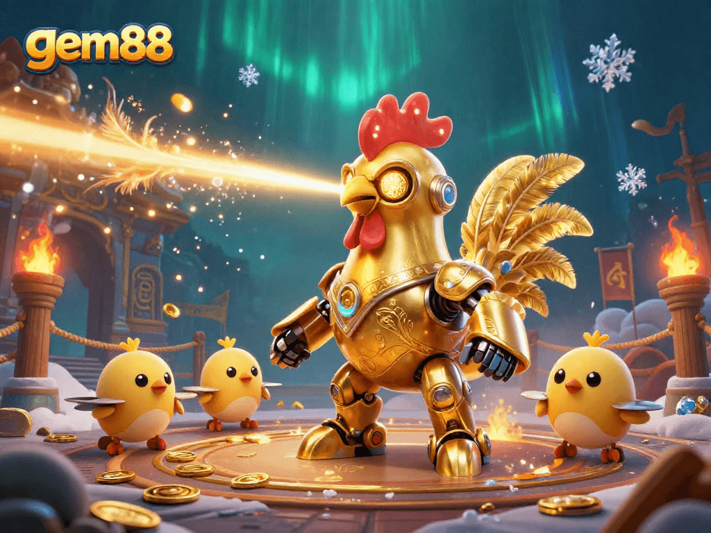 Witness gem88's golden rooster robot and baby chick drones in a vibrant casino battle scene for thrills.