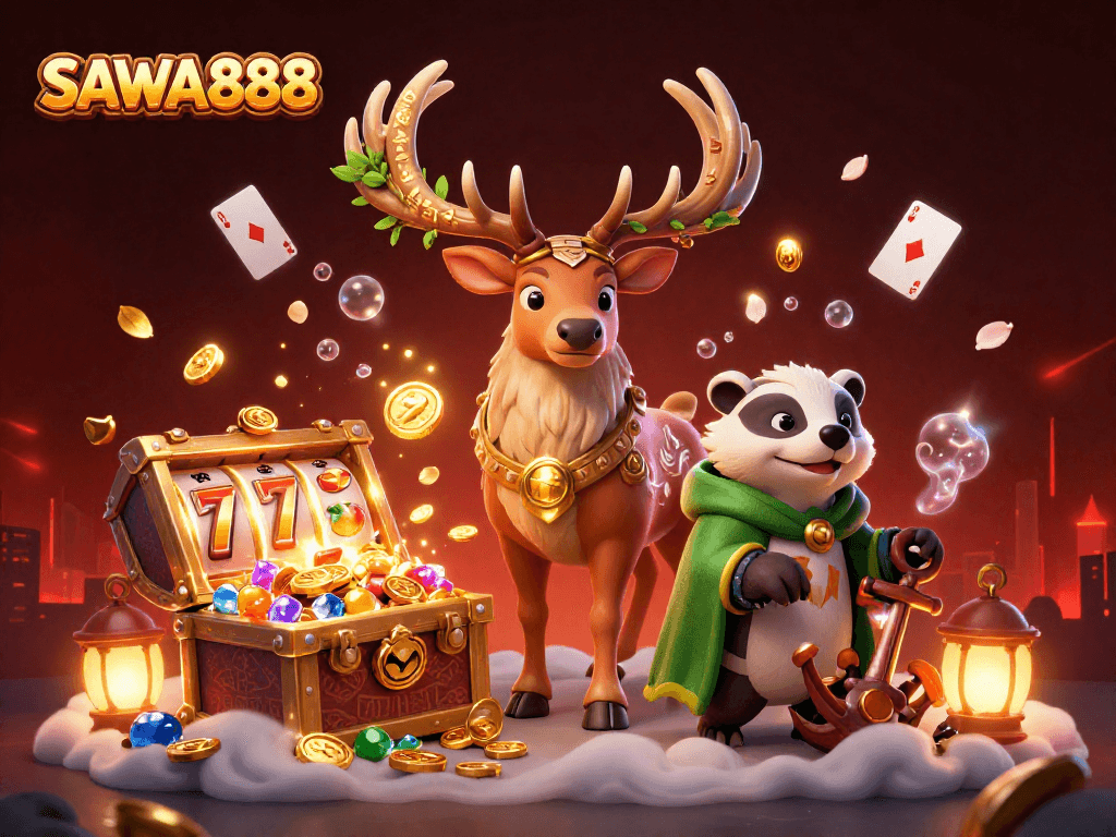 The SAWA888 illustration showcases enchanting casino gameplay with unique characters and rich slot elements.