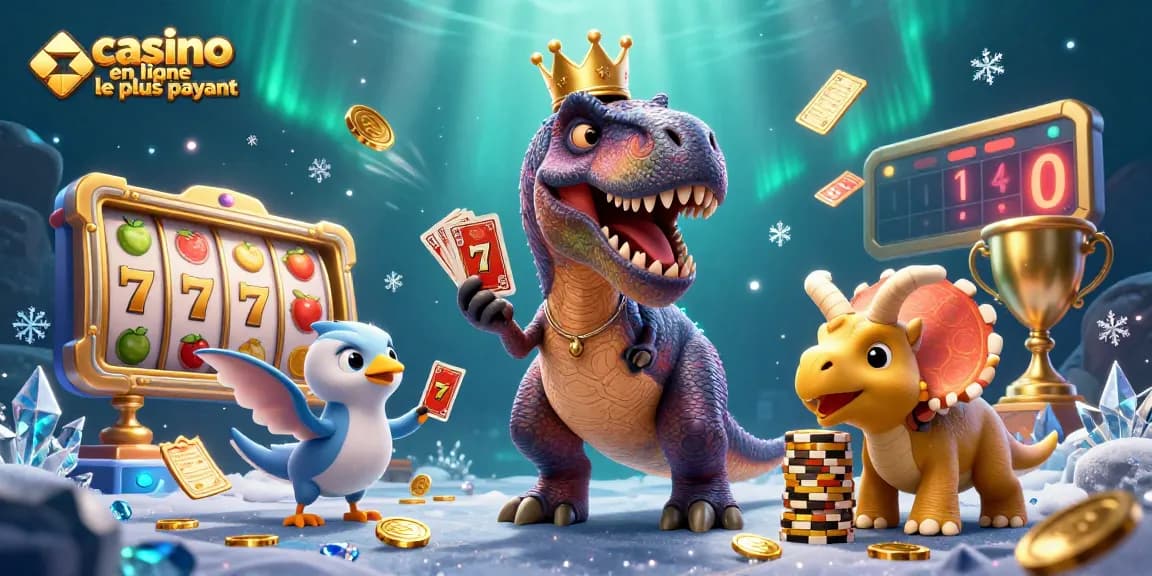 Gagnez au casino en ligne le plus payant avec un T-Rex assis à une table de jeu entouré de jets d'argent.