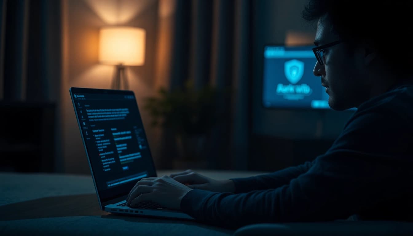Engaged user exploring hidden wiki tor links on a laptop in a dark, tech-themed room.