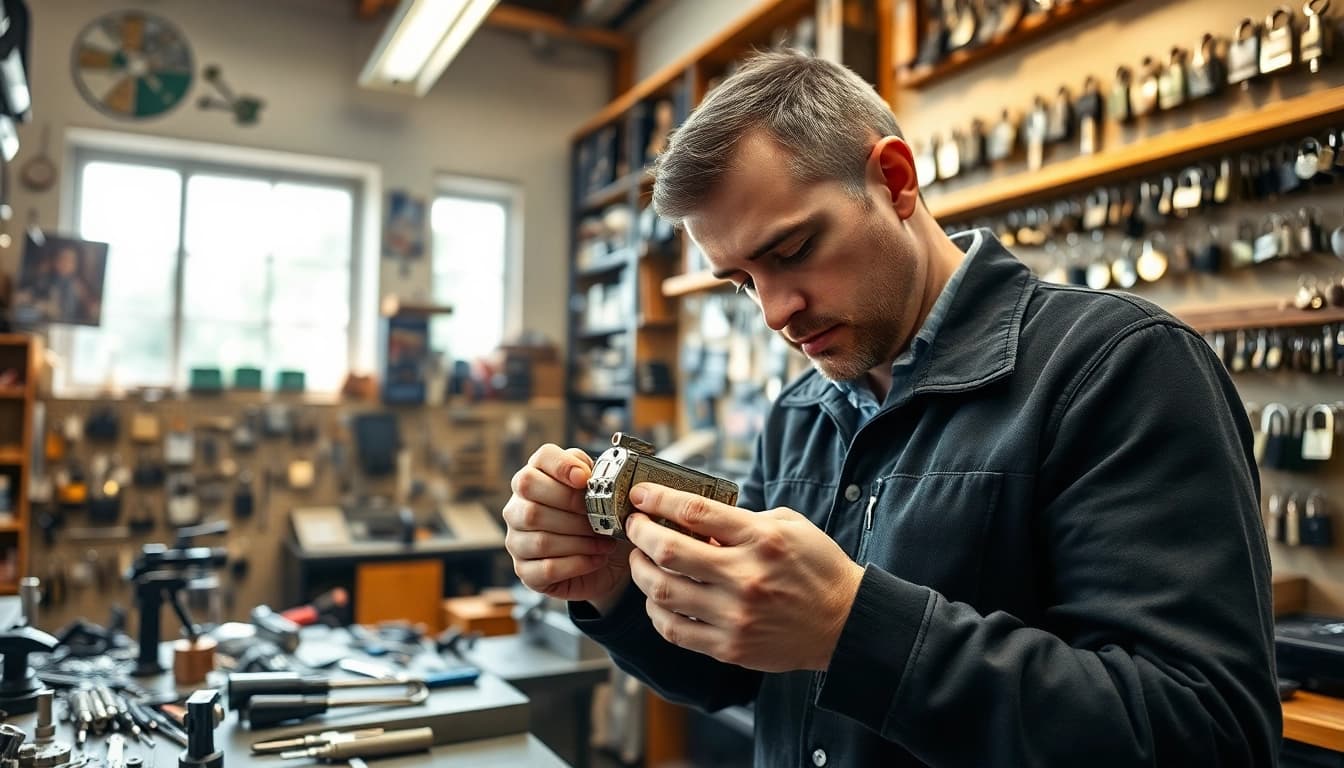 Experienced locksmiths Durham expertly assembling a lock in a well-equipped workshop.