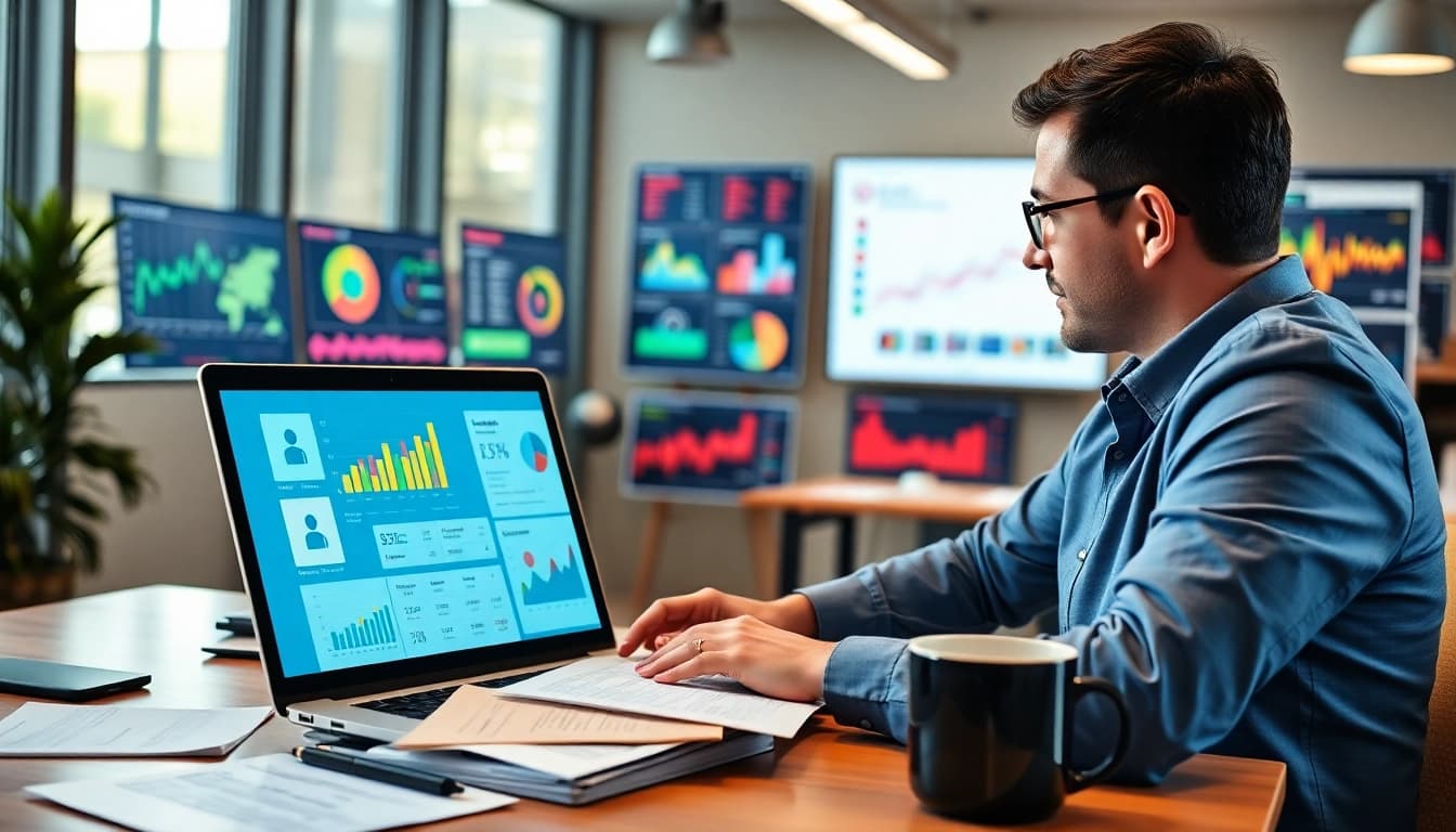 Learn to scrape linkedin leads from search results with a business professional analyzing data.