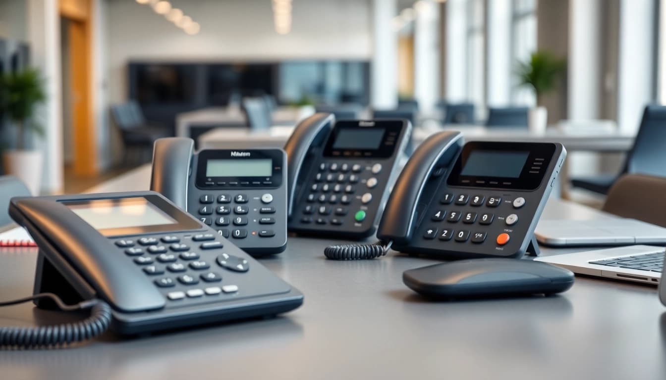 Showcase business phones in a modern office setting featuring sleek designs.