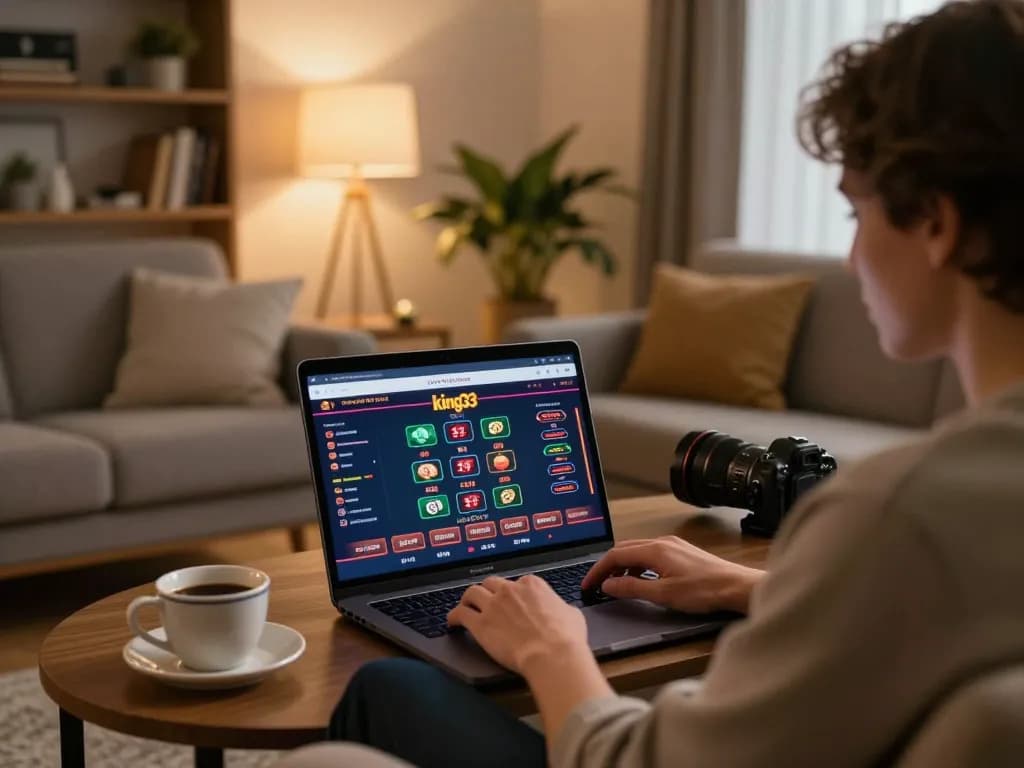 Player engaged in online gaming at king33 casino platform, showcasing a cozy home environment and strategic preparation.