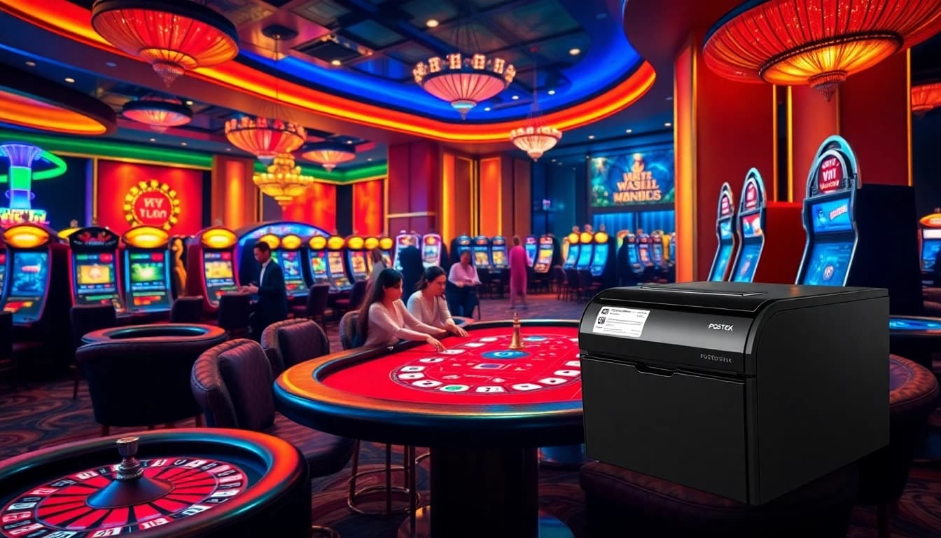 Players at a luxurious casino table with POSTEK C168/300s printer showcasing seamless gambling excitement.