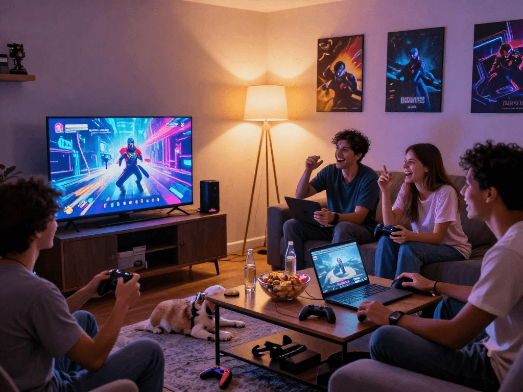Friends playing adult games online in a vibrant living room setting.