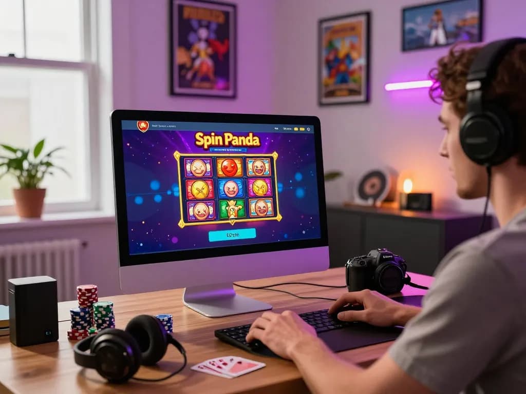 Engaging user at Spin Panda Casino login with vibrant game interface at modern home office.