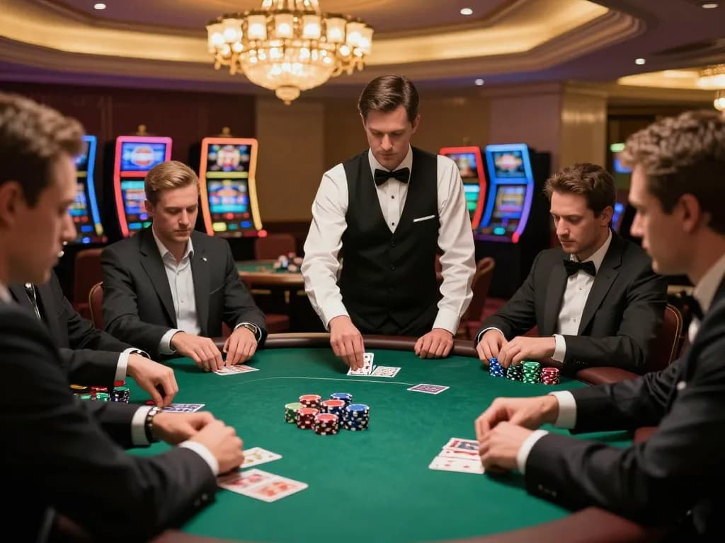 Players engaging in a strategic poker game at a luxurious casino, featuring g28-t1 atmospherics and elegance.