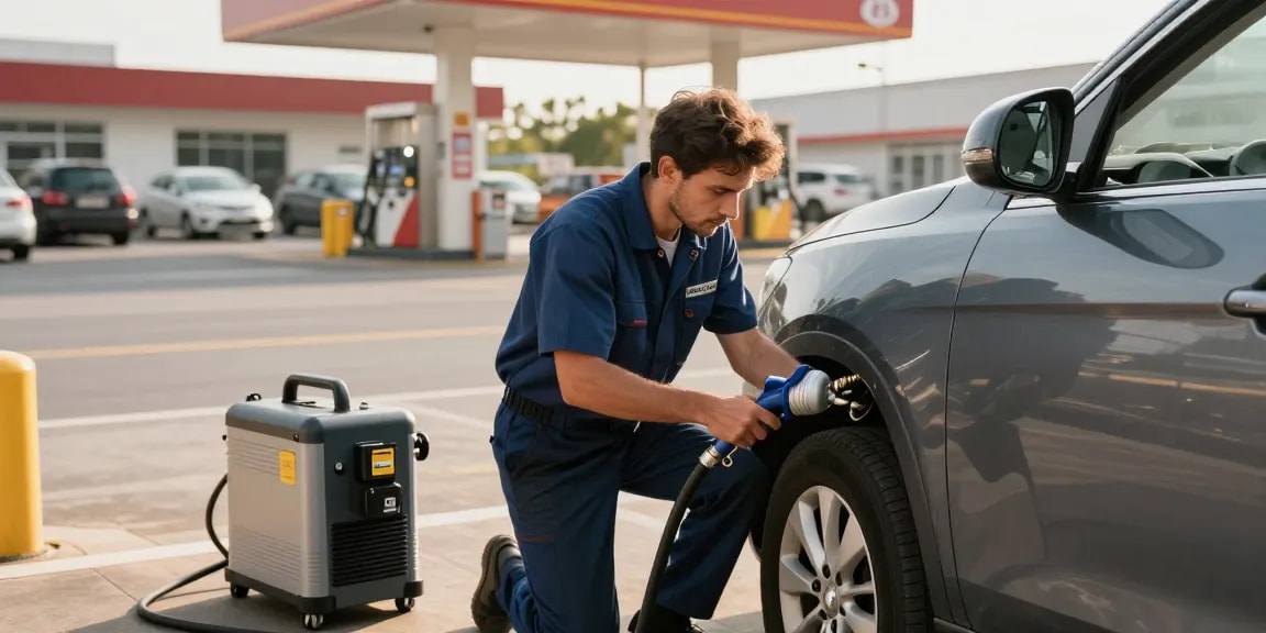 Technician draining Adblue in diesel car, showcasing expert service at fuel station