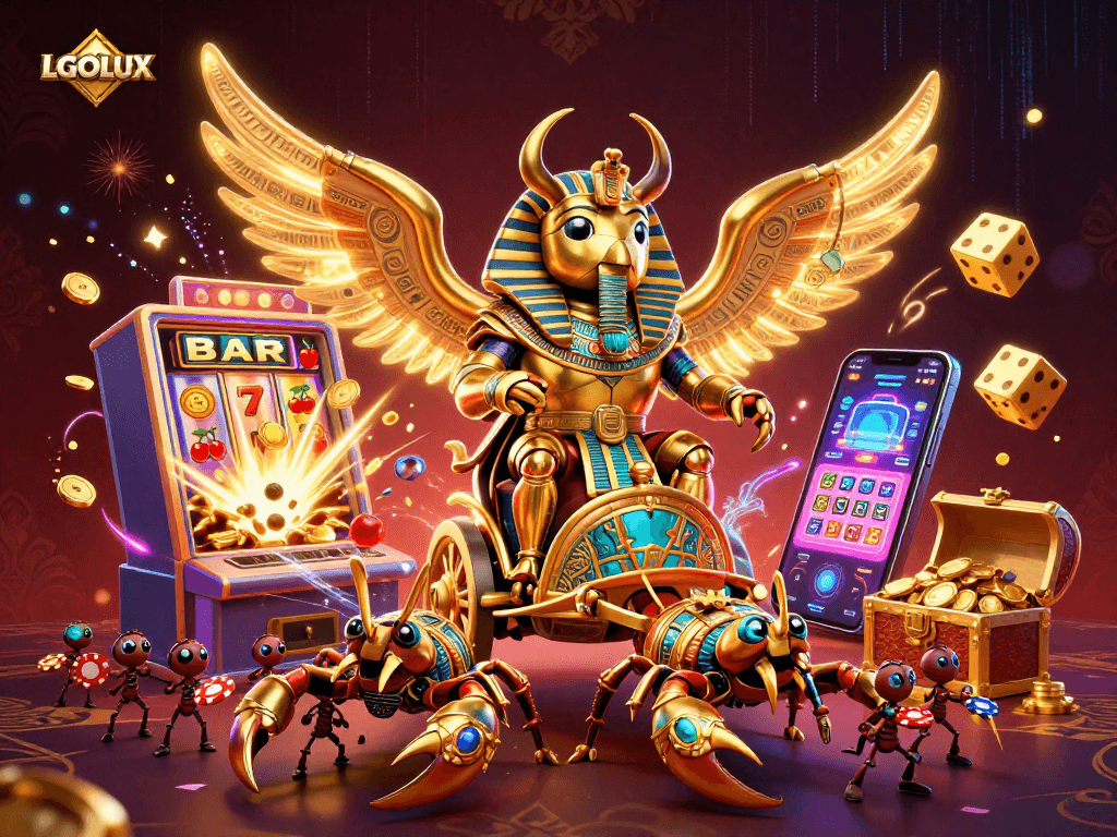 Engage with LGOLUX's vibrant slot experience, featuring a golden scarab and dynamic casino elements.