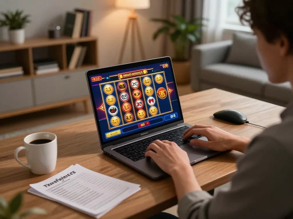 Play slot games with Link Gaco in a cozy online gaming setup, showcasing vibrant graphics and a relaxed atmosphere