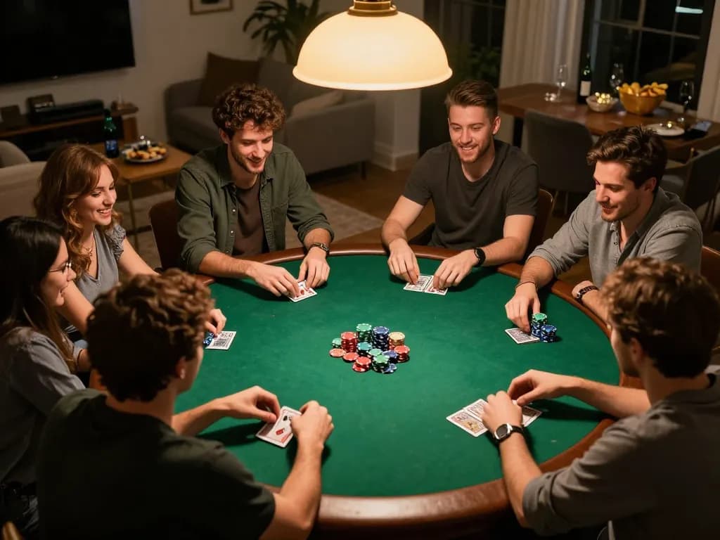 Friends engaging in a lively poker game at home; tg88 brings excitement to social gambling nights.