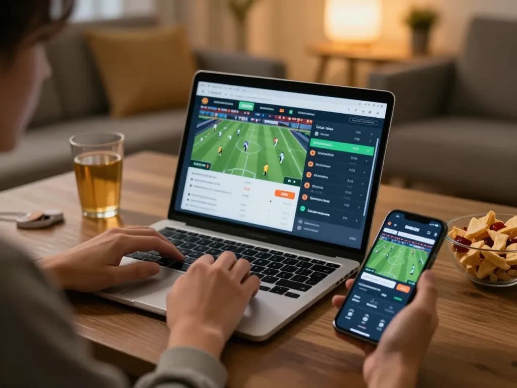 Engaging online sports betting experience at rr88 with a person analyzing live odds on their laptop