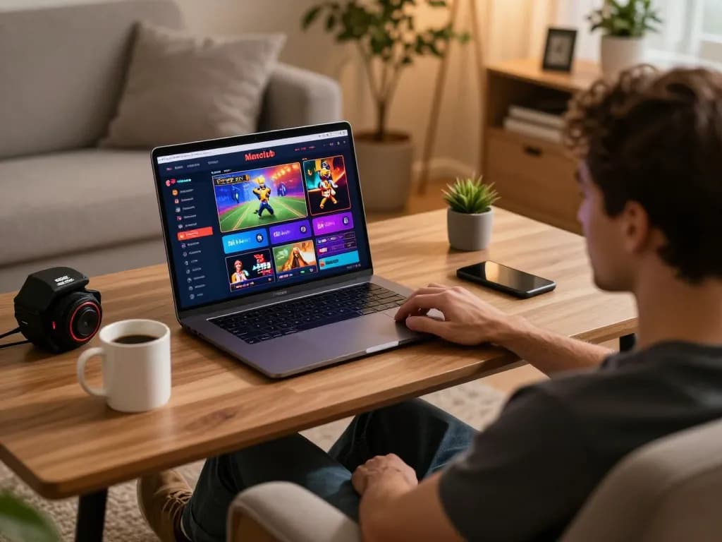 Engaging with online casino games on Manclub platform in a cozy home setting.