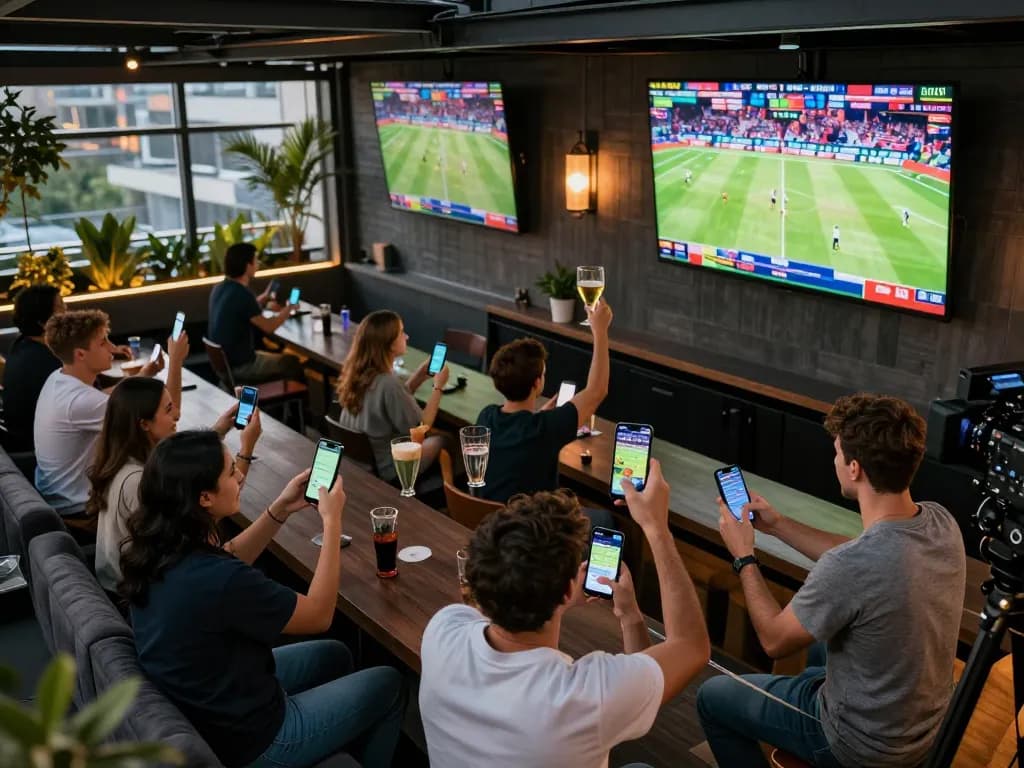 Excited sports fans using u888 betting apps in vibrant sports bar with screens.
