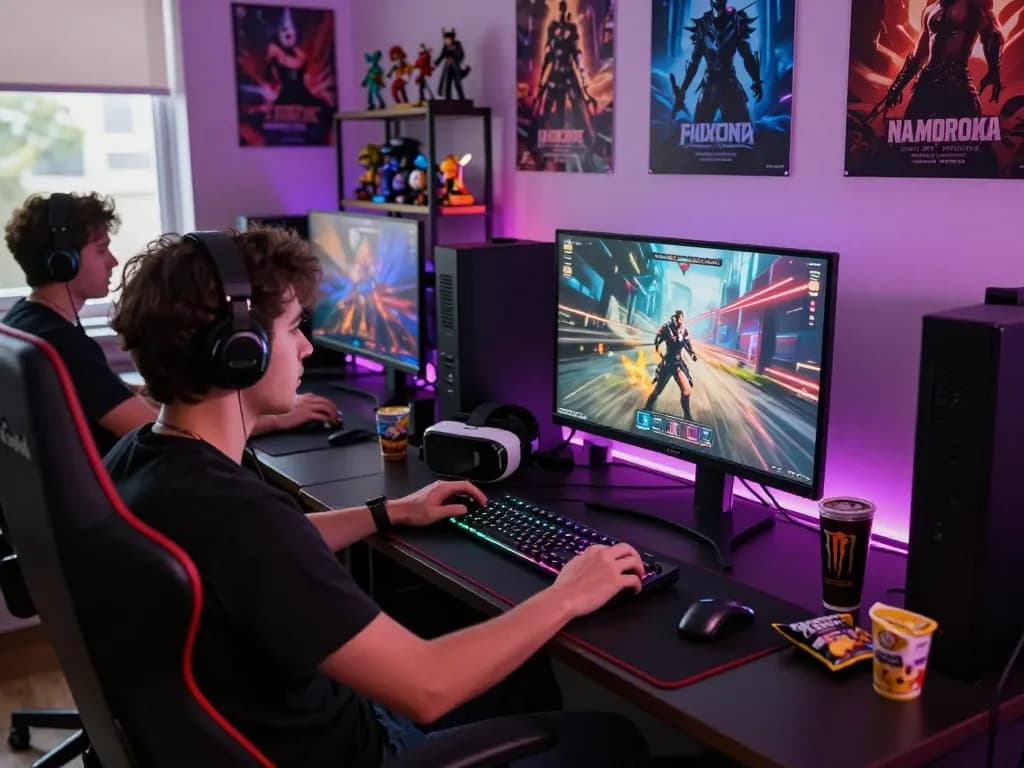 Immersive gaming setup showcasing ai porn games with vibrant lights and action-packed visuals.