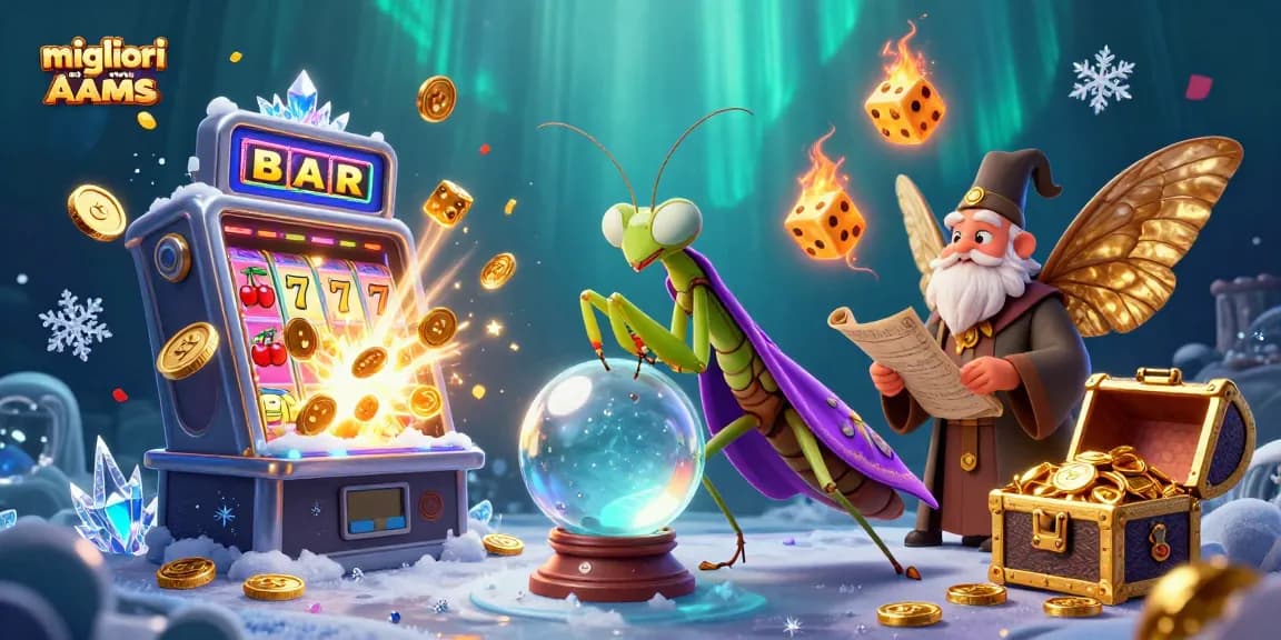 Migliori casino non AAMS: illustrazione dettagliata di un mantide fortune teller e un bibliotecario, circondati da elementi di gioco bagnati da oro e luci.