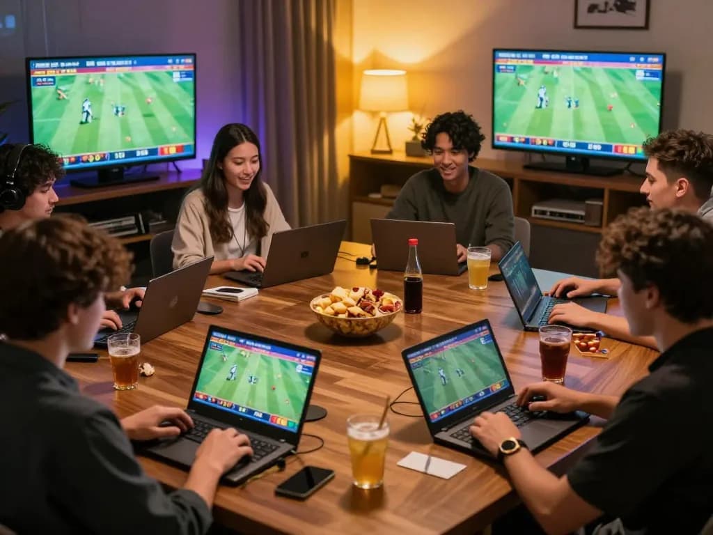 Players enjoying sports betting with okwin, showcasing their devices and lively expressions in a cozy home setting