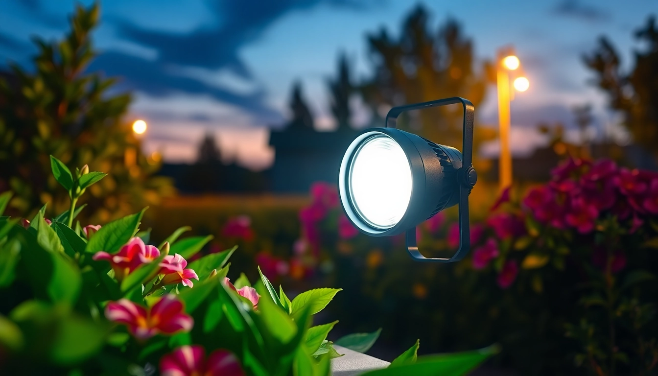 Verlicht een tuin met led straler terwijl het in de schemering straalt.
