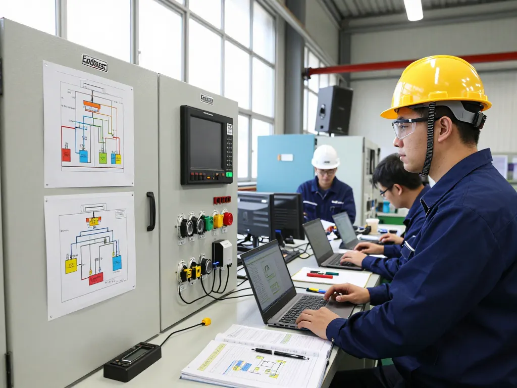 Engineer inspecting Endress Hauser equipment in a busy industrial workspace.