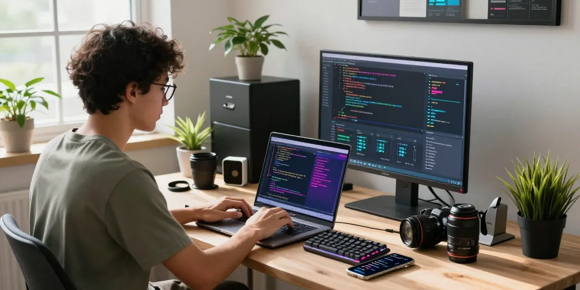 Explore 纸飞机下载 in a vibrant tech workspace filled with gadgets and code.