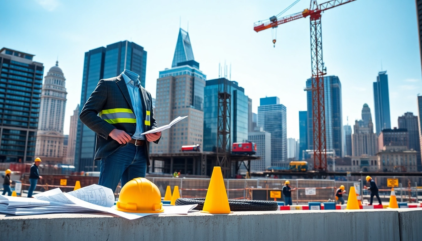 New York City General Contractor overseeing a construction project with blueprints on site.