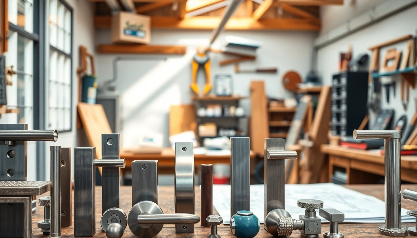 Showcase of door handles designed by Door Handle Manufacturers in a modern workshop environment.