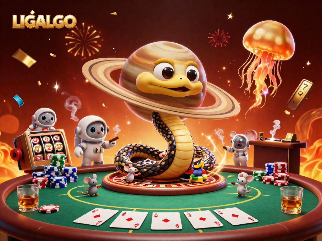 Engage with LIGALGO's vibrant cosmic casino scene featuring colorful characters, lively bets, and dynamic gaming elements.