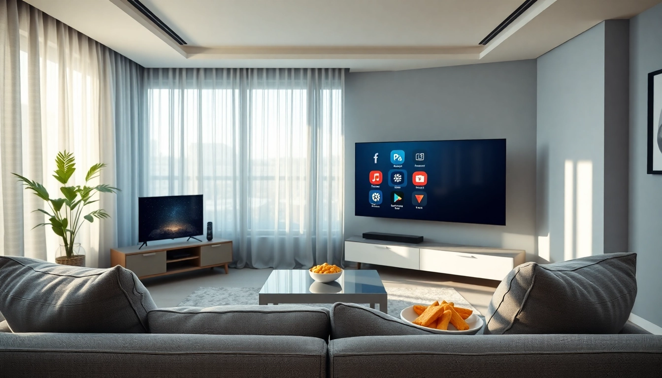 Using smart iptv on a large TV in a modern living room setup with cozy ambiance.