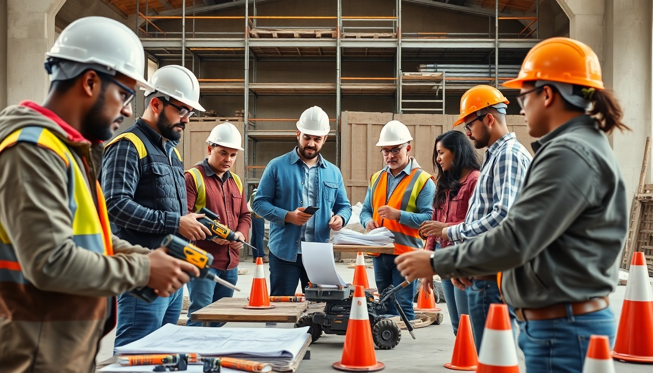 Engaged participants in construction training using tools at a vibrant building site.