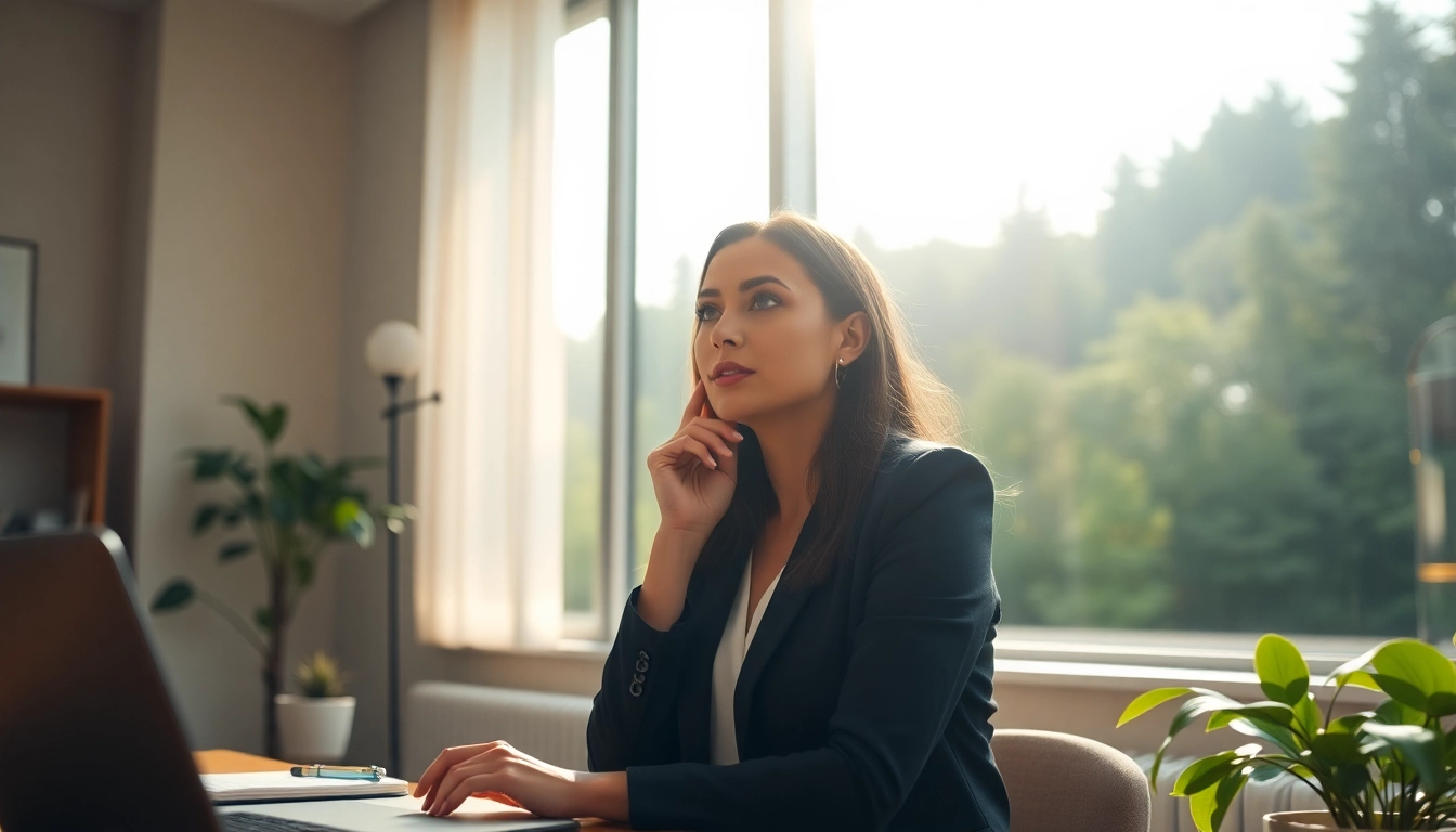 Professional woman contemplating her career to find my true calling in a serene office.
