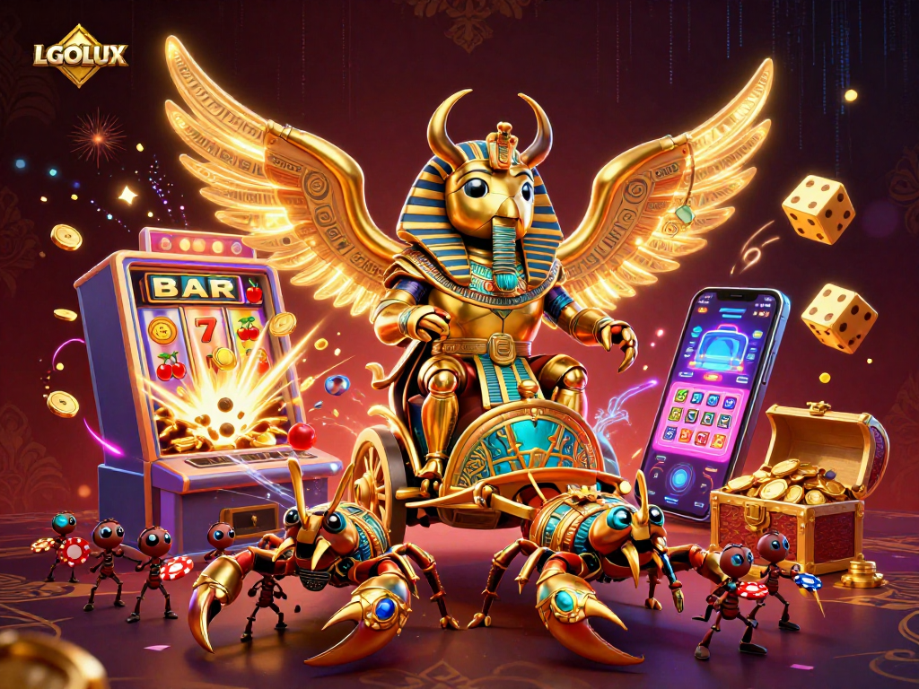Engage with LGOLUX's vibrant slot experience, featuring a golden scarab and dynamic casino elements.