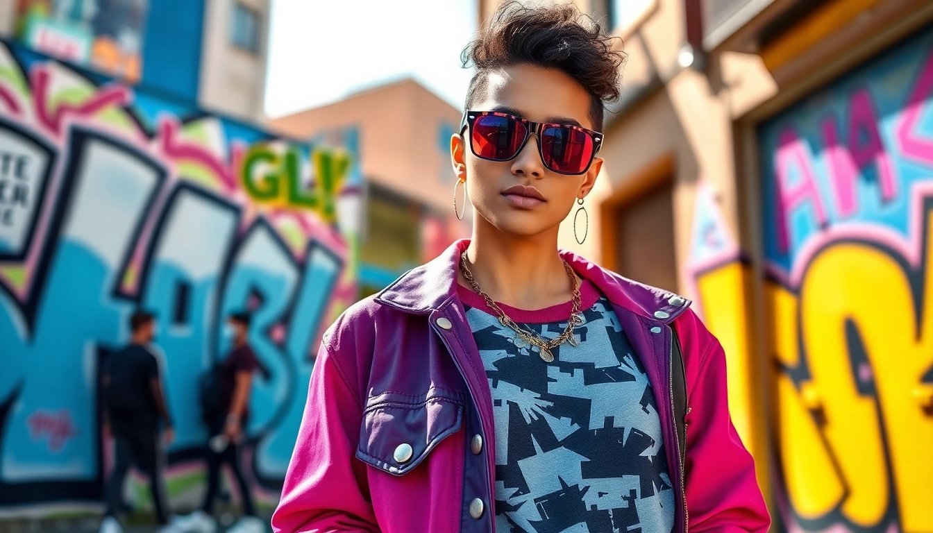 Fashion model showcasing vibrant streetwear in a colorful urban setting.