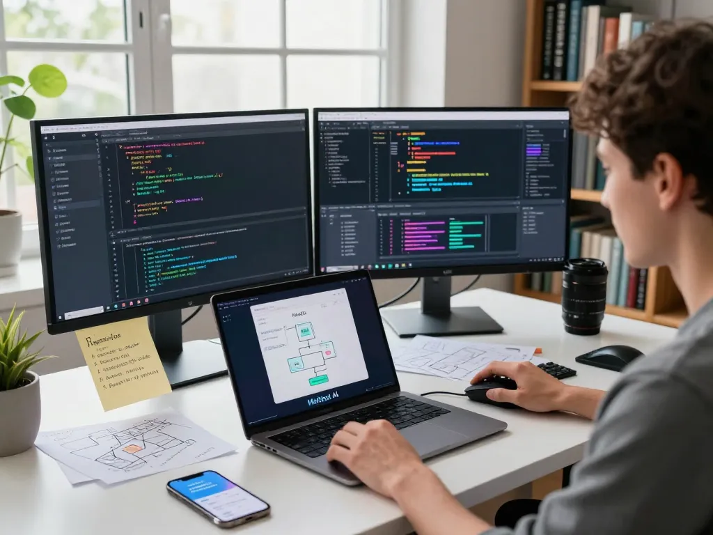 Moltbot AI in action at a software developer's desk with vibrant code and tech devices