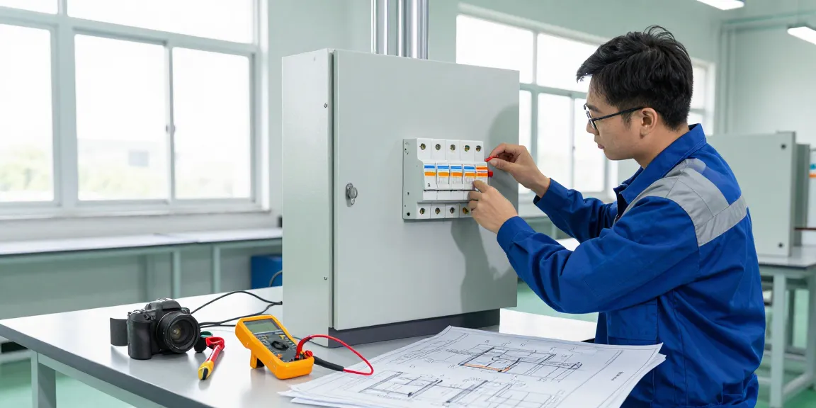 Technician inspecting a residual current circuit breaker in a modern electrical setup, showcasing safety and efficiency.