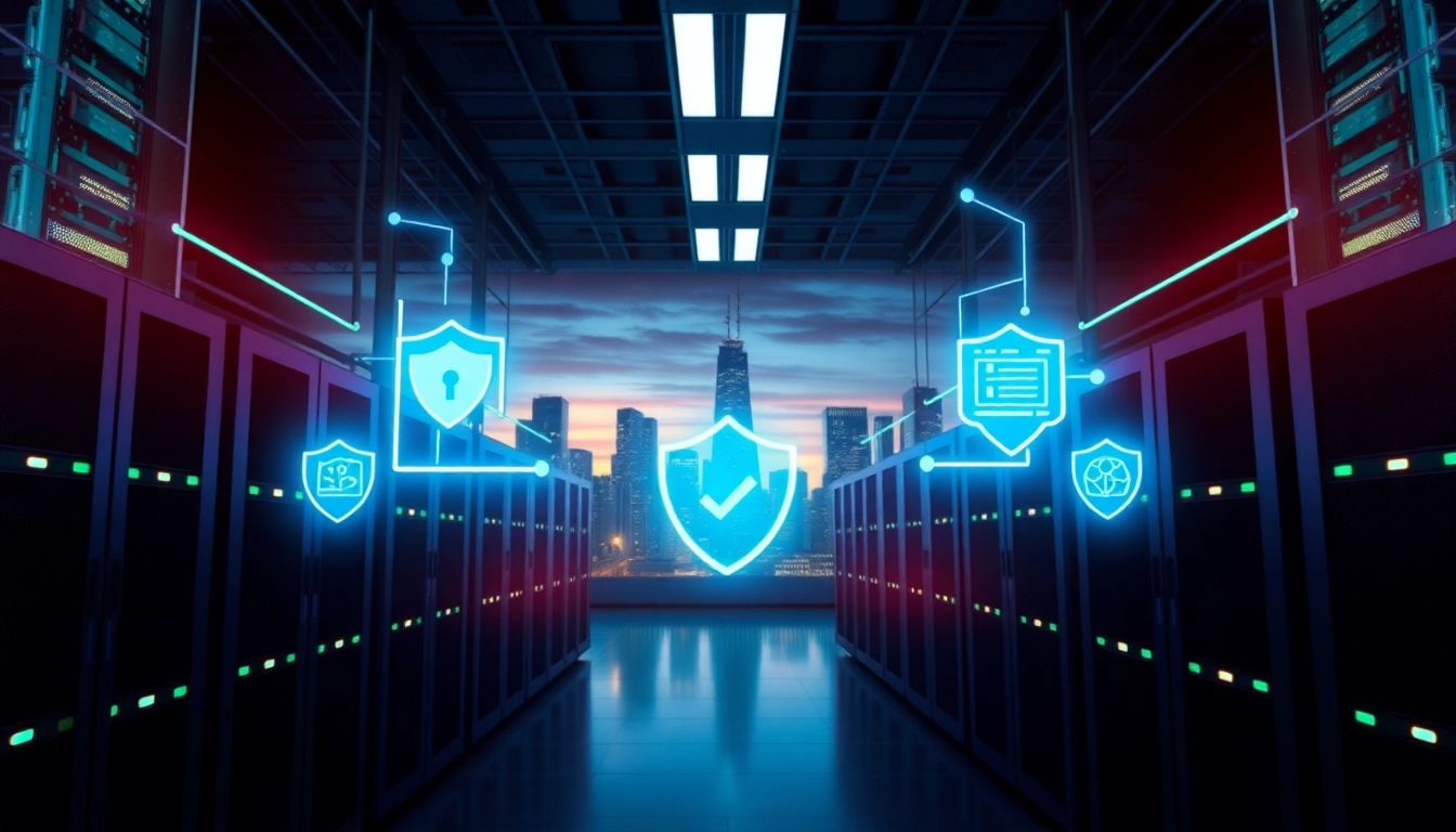 Implement robust CDN with DDoS Protection featuring high-tech data center and security elements.
