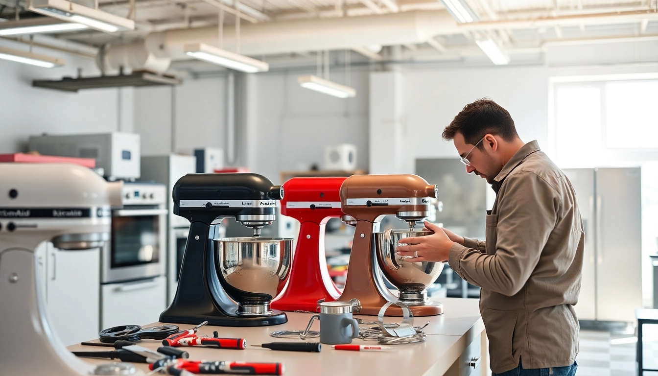 Expert technicians performing kitchenaid appliance repair ottawa in a modern workshop environment.