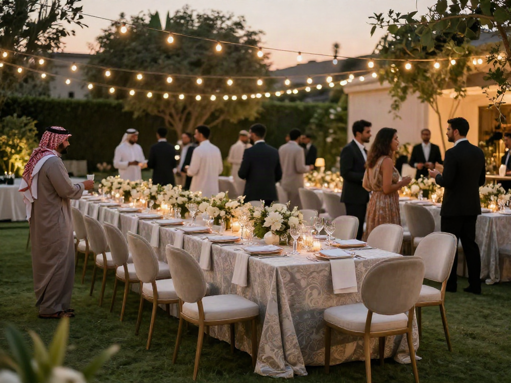 Event furniture rental displayed in a luxurious outdoor setup showcasing elegant tables and stylish seating.
