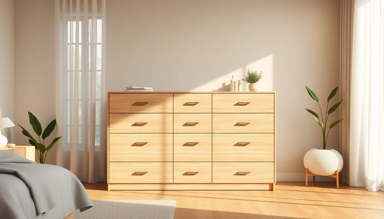 Showcase of chest of drawers with modern design in a stylish bedroom setting.