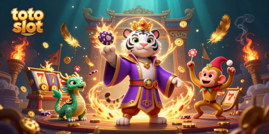 Memenangkan toto slot sambil dikelilingi harimau putih 3D dan monyet emas yang bermain.