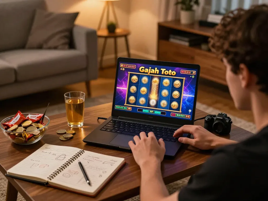 Engaging with Gajah Toto slot game online, illustrating exciting gameplay at home while promoting responsible gambling.