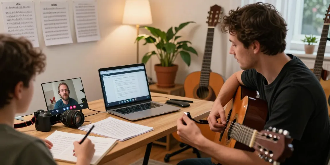 Engaging online guitar instructor online lesson with students in a warm, inviting atmosphere.